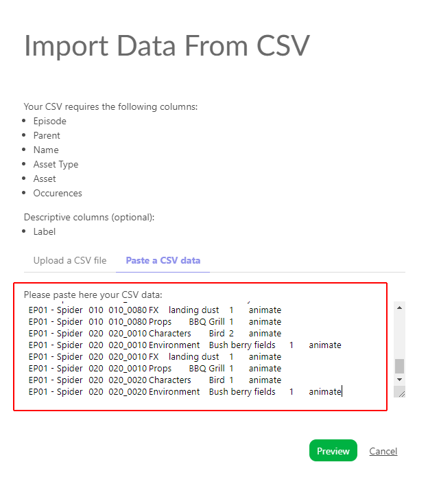 Breakdown import Preview