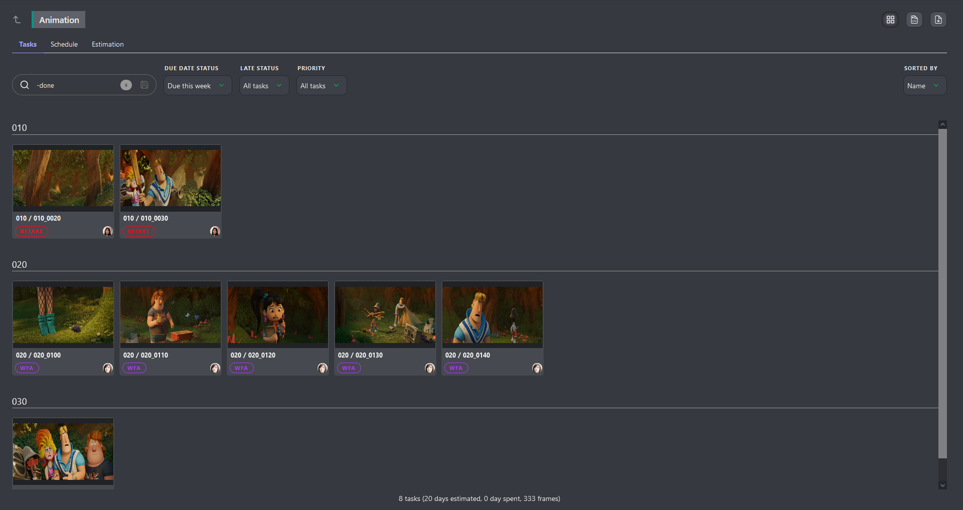 Task Type filtered as contact sheet