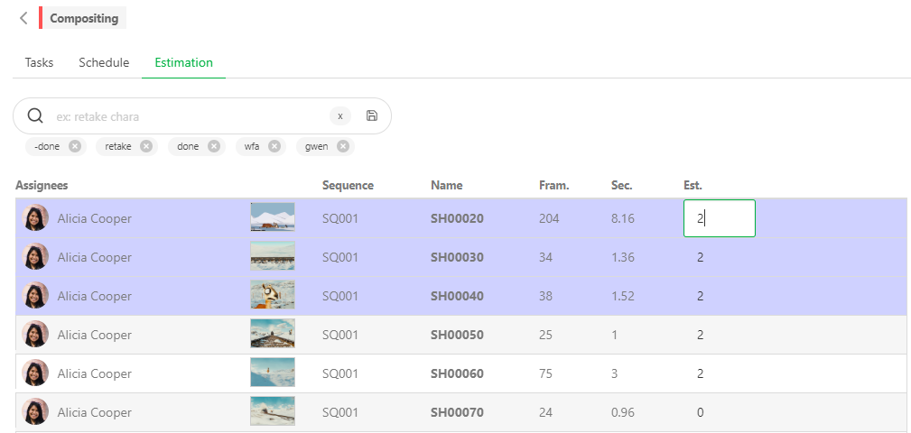 Estimation tab edit